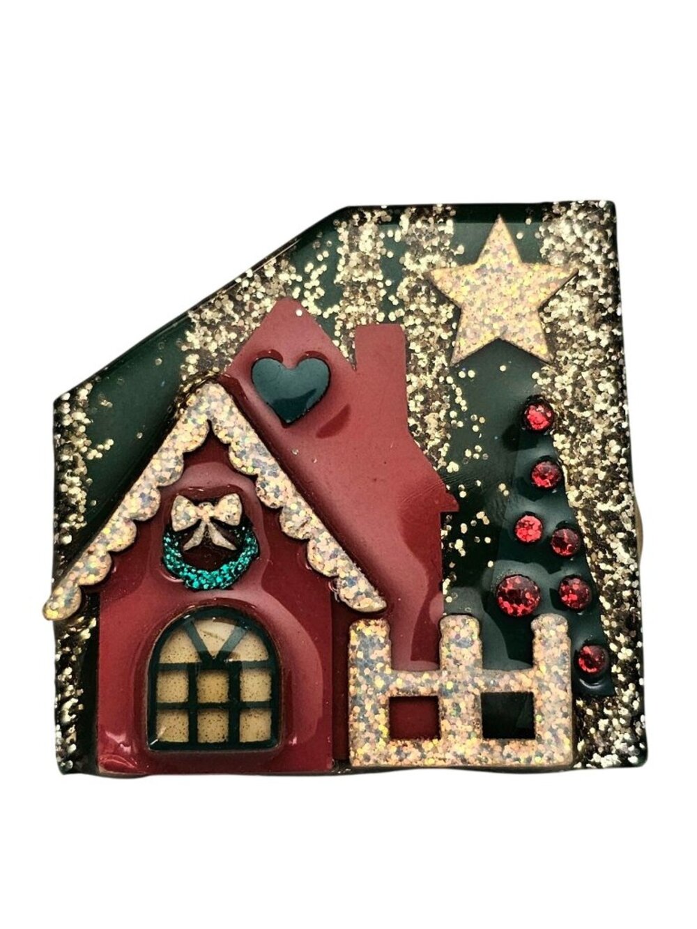 Lucinda Red House Christmas Tree Sparkle Star Pin J848